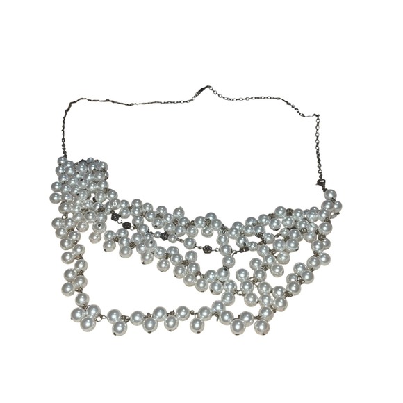 Layered Faux Pearl Statement Necklace Multi Strand Cluster Bib - Picture 4 of 5